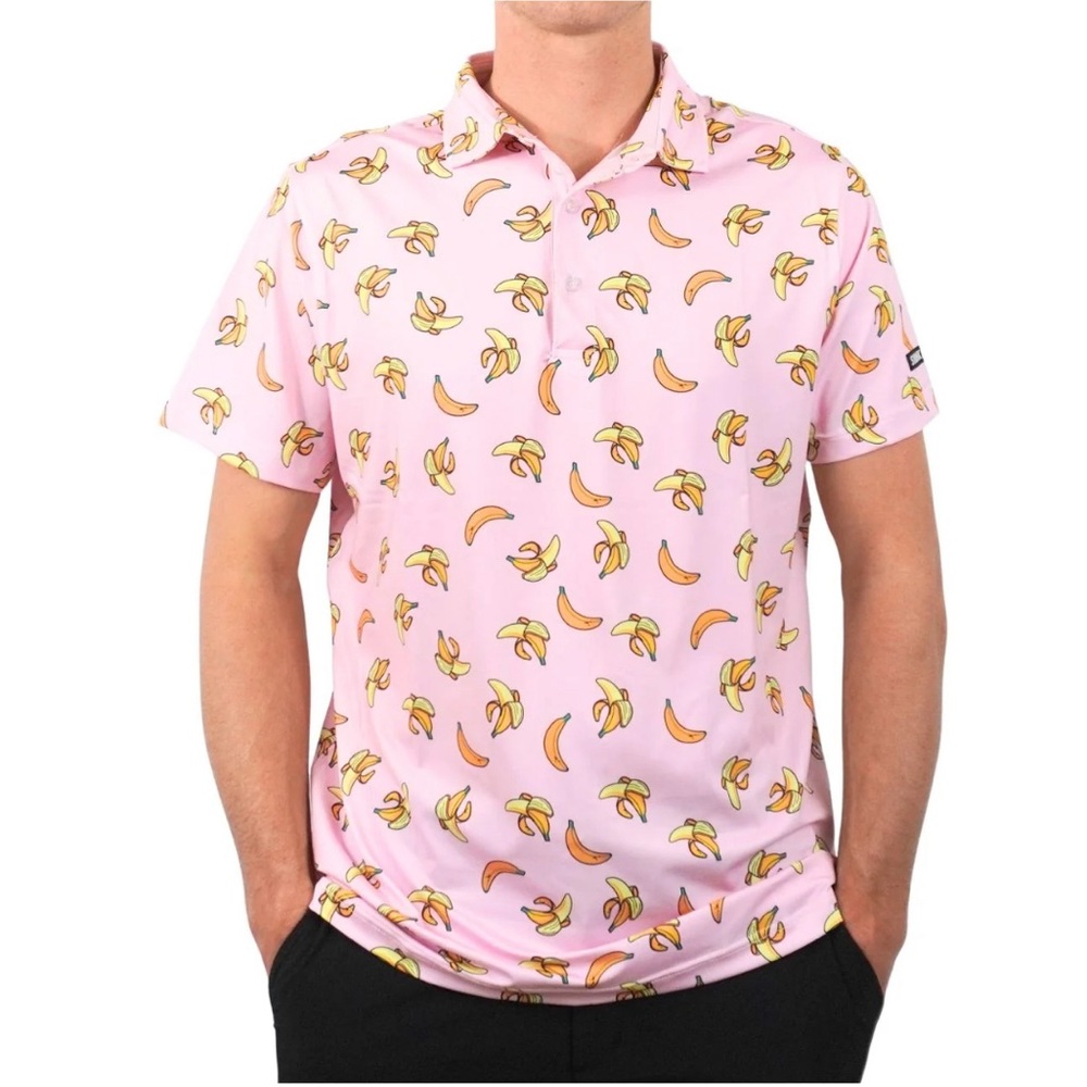 Shankitgolf Shirt PINK Banana Mens LARGE Short Sleeve Golf Polo GUC